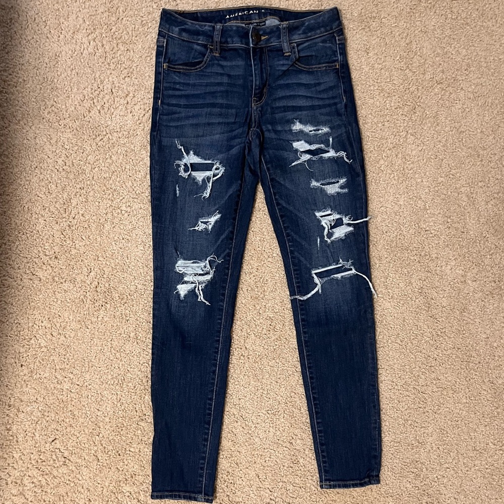 👖2/$35 American Eagle Skinny Jeans Next Level Flex with patched holes size 6